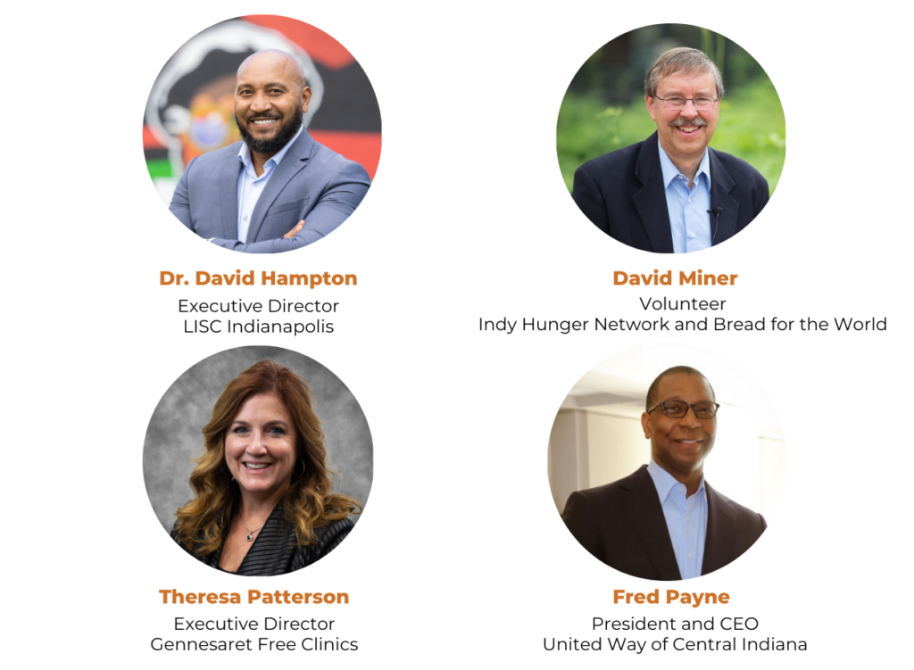 Dr. David Hampton, David Miner, Theresa Patterson and Fred Payne were the panelists at the 2023 IBJ Hunger and Health Breakfast.