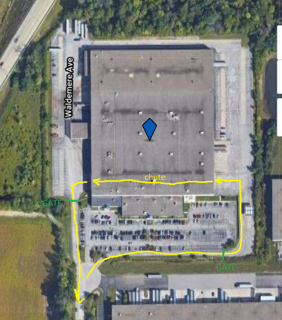 Birds eye view map showing pickup route through Gleaners' chute.