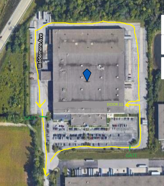Birds eye view map showing dock pick up route via door 11 of Gleaners.